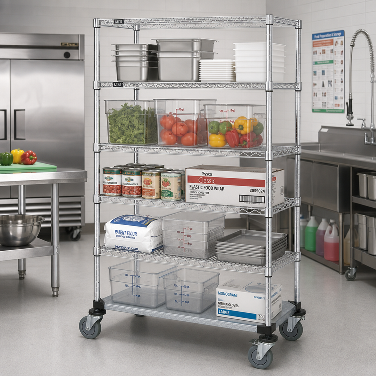 Product image #2 for Quantum 36"W x 24"D x 80"H Mobile Wire Shelving Cart with 5 Shelves, Chrome Plated Finish