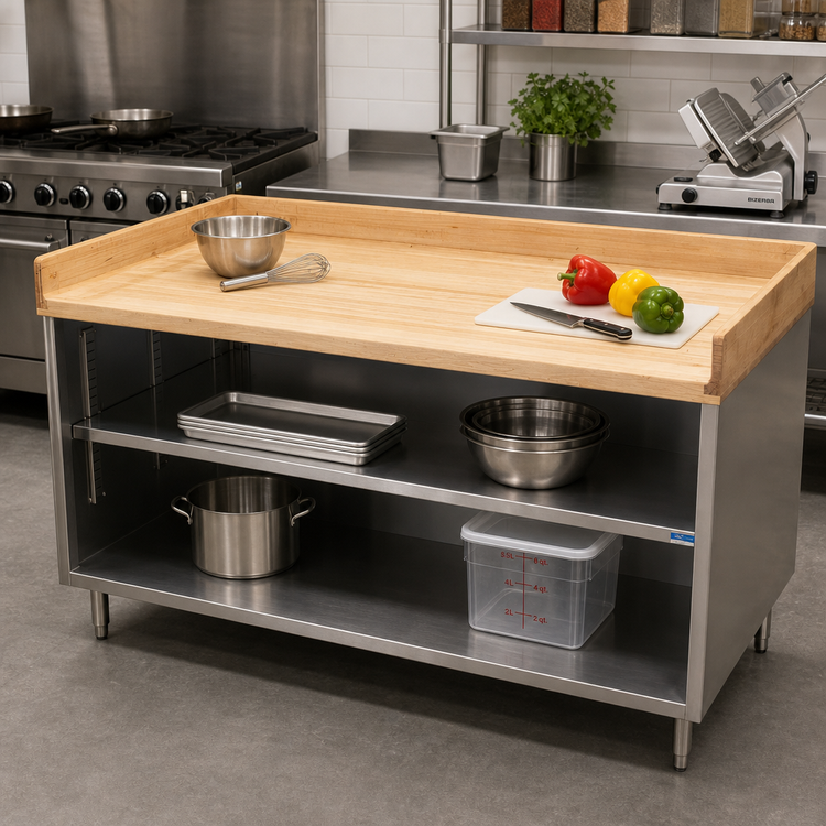 Product image #2 for BK Resources 72 Inch x 30 Inch Chef Table with Hard Maple Top and Stainless Steel Cabinet Base