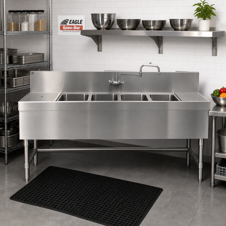 Product image #2 for Eagle Spec-Bar Four-Compartment Stainless Steel Underbar Sink Unit with Right Drainboard, 72W x 24D x 37H