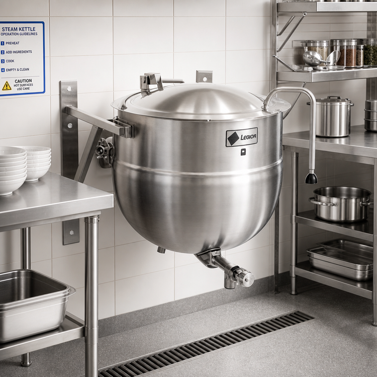 Product image #2 for Legion LTWT-40 40-Gallon Wall-Mounted Stationary Direct Steam Kettle, 2/3 Jacketed, 304 Stainless Steel Liner