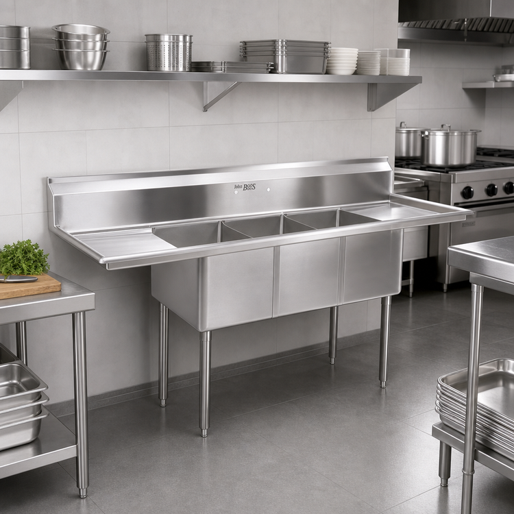 Product image #2 for John Boos E-Series 3-Compartment Stainless Steel Sink with Left & Right Drainboards, 60 x 19-1/2 x 43-3/4 Inches