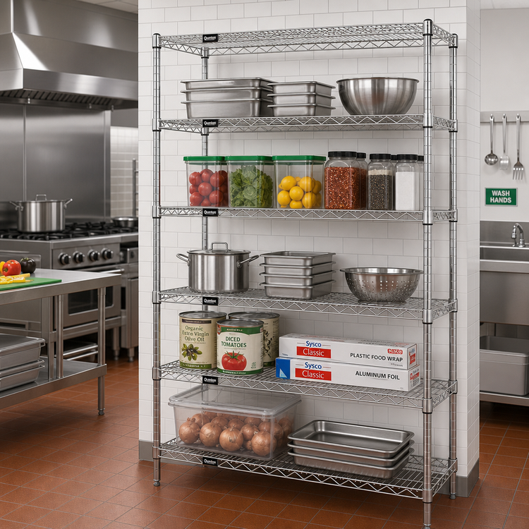 Product image #2 for Quantum 5-Shelf Stationary Wire Shelving Starter Kit, 72"W x 12"D x 86"H, 304 Stainless Steel