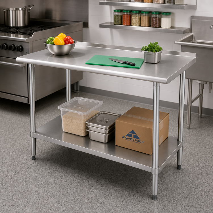 Product image #2 for Advance Tabco Special Value Series 48-inch x 30-inch Stainless Steel Work Table with 1-1/2-inch Rear Splash and Adjustable Undershelf