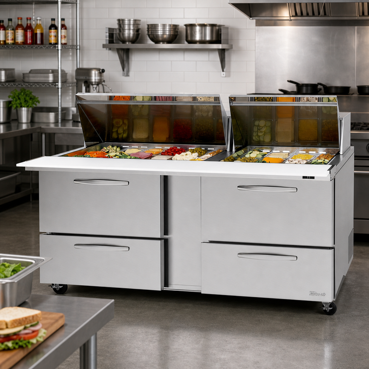 Product image #2 for Turbo Air PRO Series 72-5/8-Inch Wide Two-Section Mega Top Sandwich/Salad Prep Table with 4 Drawers, 30-Pan Top, and Self-Contained R290 Refrigeration