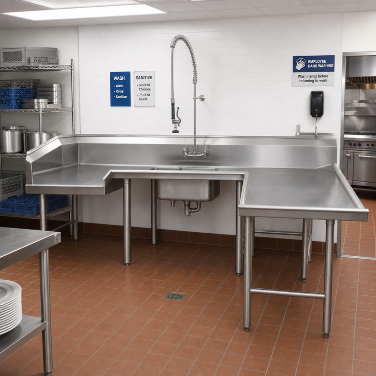Product image #2 for Advance Tabco 144-Inch Right-Hand U-Shaped Soiled Dishtable with Pre-Rinse Sink, Landing, and 14-Gauge Stainless Steel