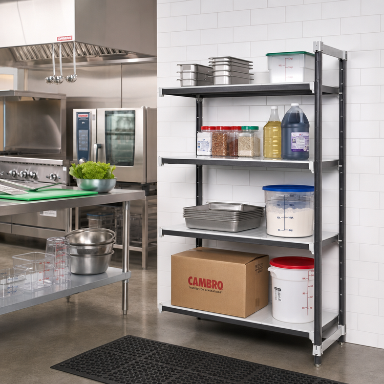 Product image #2 for Cambro Camshelving Elements XTRA Stationary Add-On Shelving Unit, 18" x 30" x 72", 4 Solid Shelves, Speckled Gray