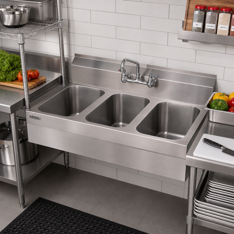Product image #2 for Eagle Group Three-Compartment Weld-In Sink with 24 x 24 x 13.5-Inch Deep Bowls, 304 Stainless Steel