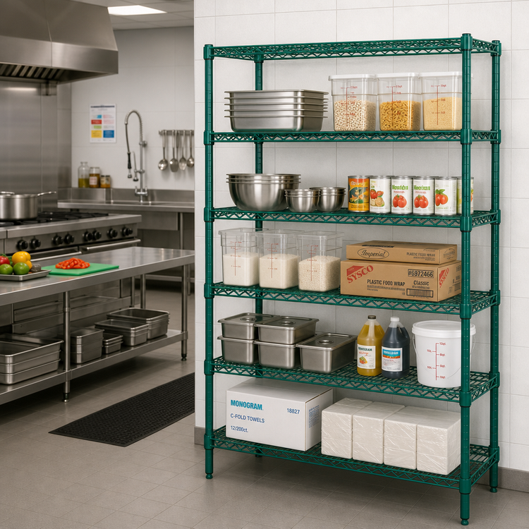 Product image #2 for Quantum 72 Inch Wide x 30 Inch Deep x 86 Inch High Stationary Wire Shelving Starter Kit with 5 Shelves and 4 Posts, Green Epoxy Antimicrobial Finish
