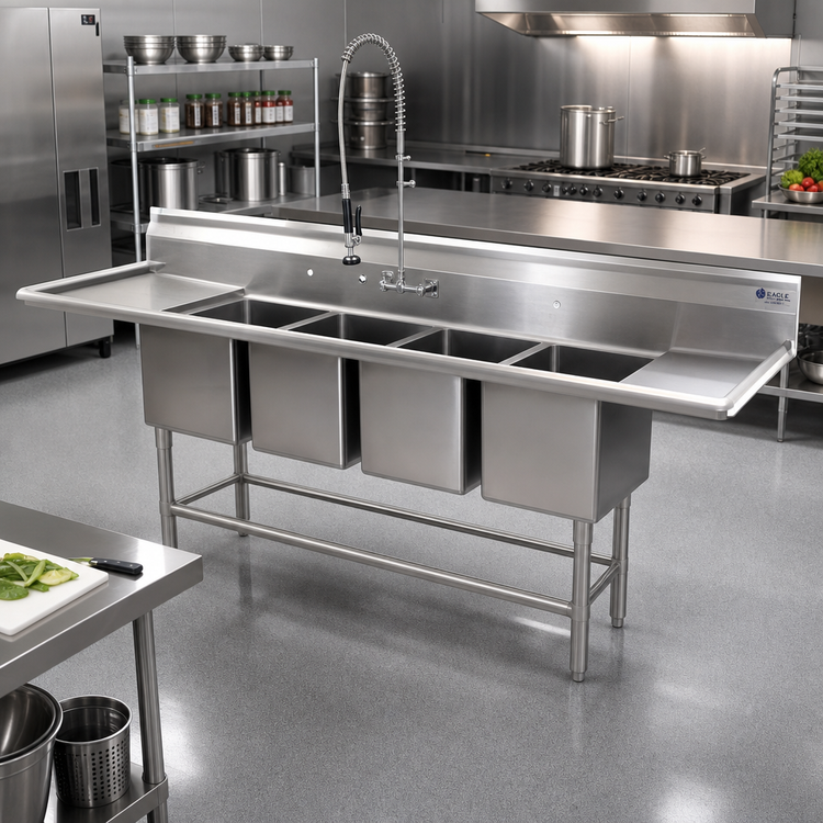 Product image #2 for Eagle Spec-Master FN Series Coved Corner Four-Compartment Sink with 36-Inch Right Drainboard, 109-1/2 Inch W x 27 Inch D, 14 Gauge Stainless Steel
