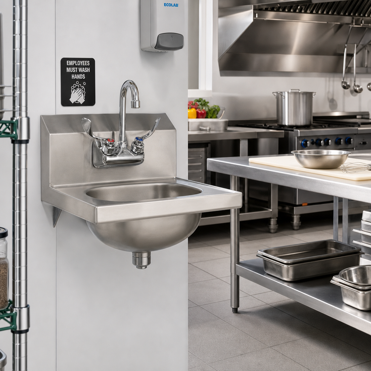 Product image #2 for Eagle Group Wall-Mount Hand Wash Sink with Standard Wrist Handle Faucet, 304 Stainless Steel, 13-1/2 x 9-3/4 x 6-3/4 in. Bowl