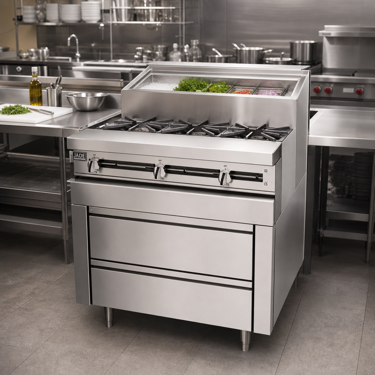 Product image #2 for Jade Range Titan JMSS-04-T-48 48" Gas Sauté Station with 4 Open Burners and Refrigerated Cold Rail