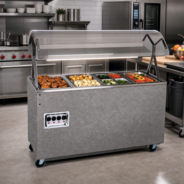 Product image #2 for Vollrath 2-Series Affordable Portable 4-Well Mobile Hot Food Station with Lighted Buffet Breath Guard, Granite, 120V