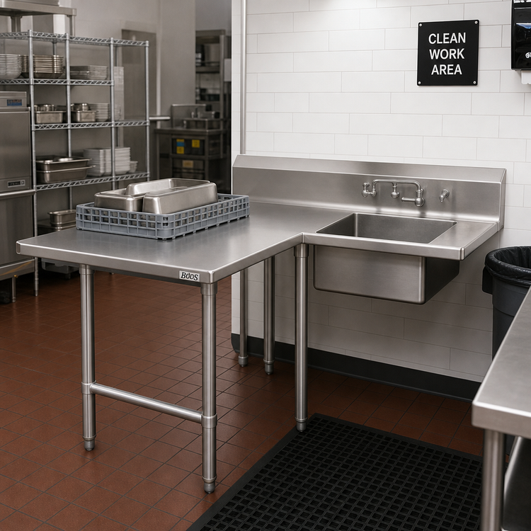 Product image #2 for John Boos Pro-Bowl L-Shaped Soiled Landing Dishtable with 10 Inch Landing Shelf and 20 x 20 x 8 Inch Sink Bowl, 72 Inch Corner-to-End, Left-to-Right