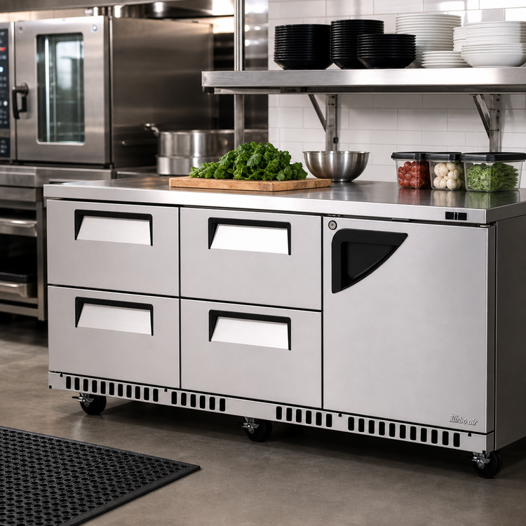 Product image #3 for Turbo Air Super Deluxe Three-Section Undercounter Refrigerator with Door and Drawers, Front Breathing, 17.6 Cu. Ft.