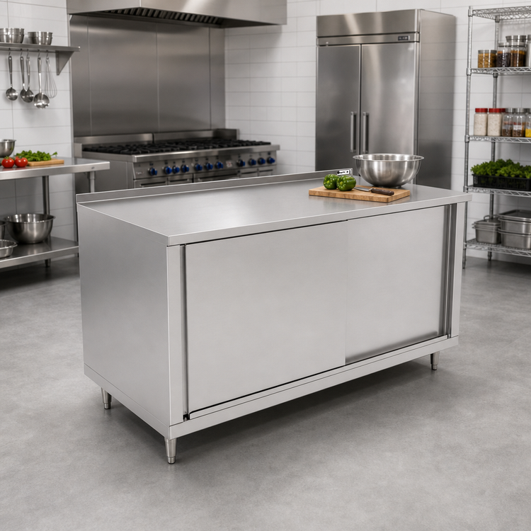 Product image #2 for John Boos 84 in. x 30 in. Stainless Steel Enclosed Work Table with Sliding Doors and 1-1/2 in. Rear Riser