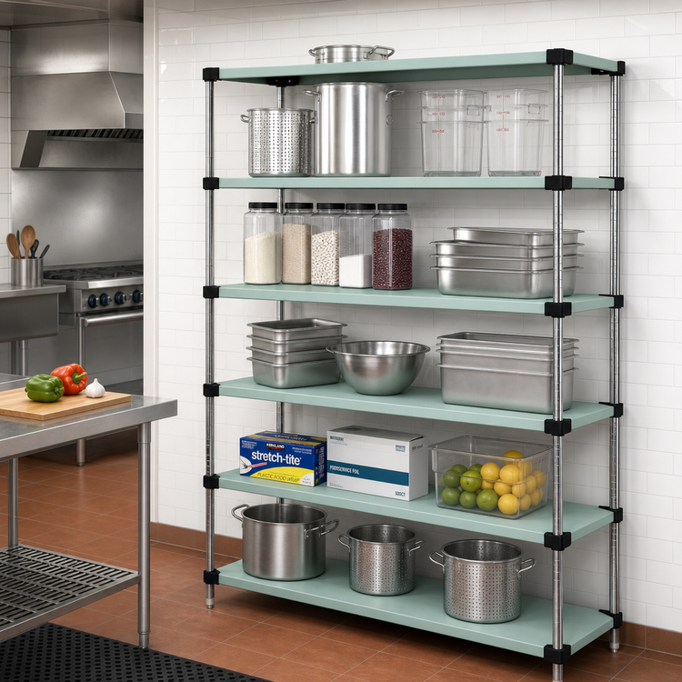 Product image #2 for Quantum Solid Stainless Steel Shelving Starter Kit, 54 in. W x 14 in. D x 86 in. H, 5 Solid Shelves