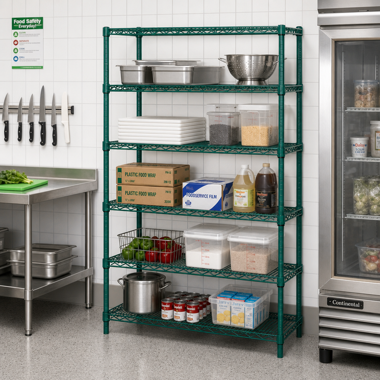 Product image #2 for Quantum 5-Shelf Stationary Wire Shelving Starter Kit, 48W x 14D x 74H, Green Epoxy Antimicrobial Finish