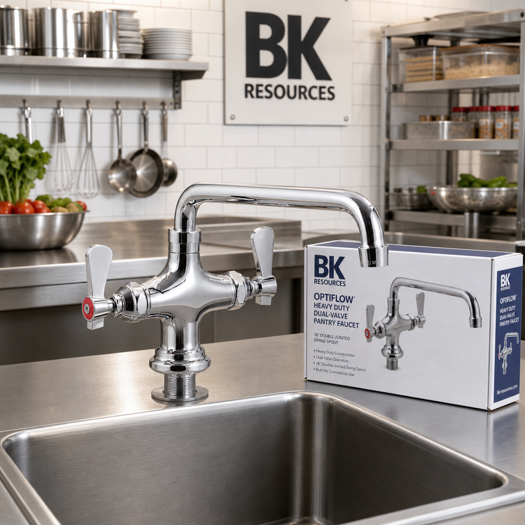 Product image #2 for BK Resources OptiFlow Heavy Duty Dual-Valve Pantry Faucet with 18-Inch Double-Jointed Swing Spout