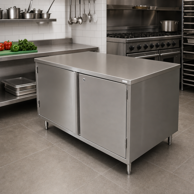 Product image #2 for BK Resources 60-Inch x 24-Inch Single-Sided Stainless Steel Chef Table Cabinet Base with Hinged Doors and Lock