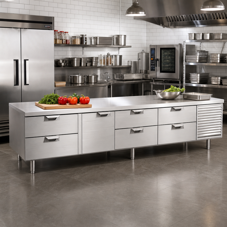 Product image #2 for La Rosa 3216-SF 116" Four-Section Reach-In Freezer Base Equipment Stand with 1 Door and 6 Drawers