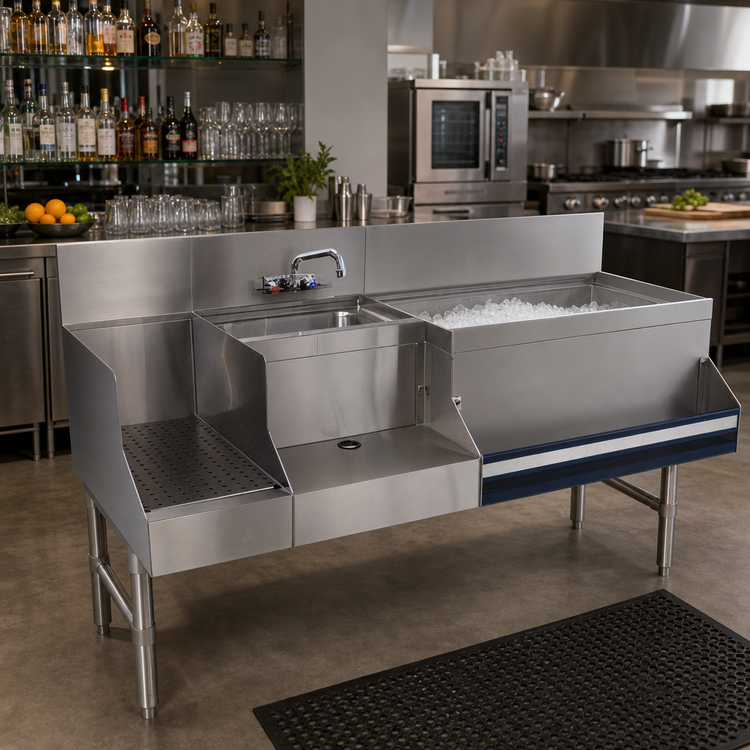 Product image #2 for Prestige Uni-Serv 48-Inch Speed Bar with Right-Side Ice Bin, Dump Sink, and Blender Recess