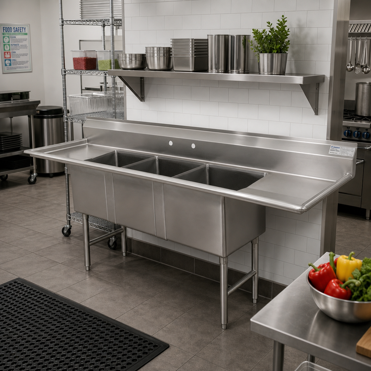 Product image #2 for Advance Tabco Fabricated 3-Compartment Stainless Steel Sink with Left and Right Drainboards, 96-Inch Long