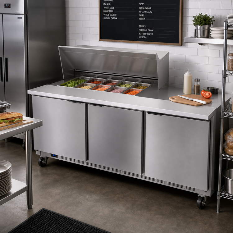 Product image #3 for Beverage-Air SPE72HC-12M 72-Inch Three-Section Mega Top Sandwich Prep Table with 12-Pan Opening
