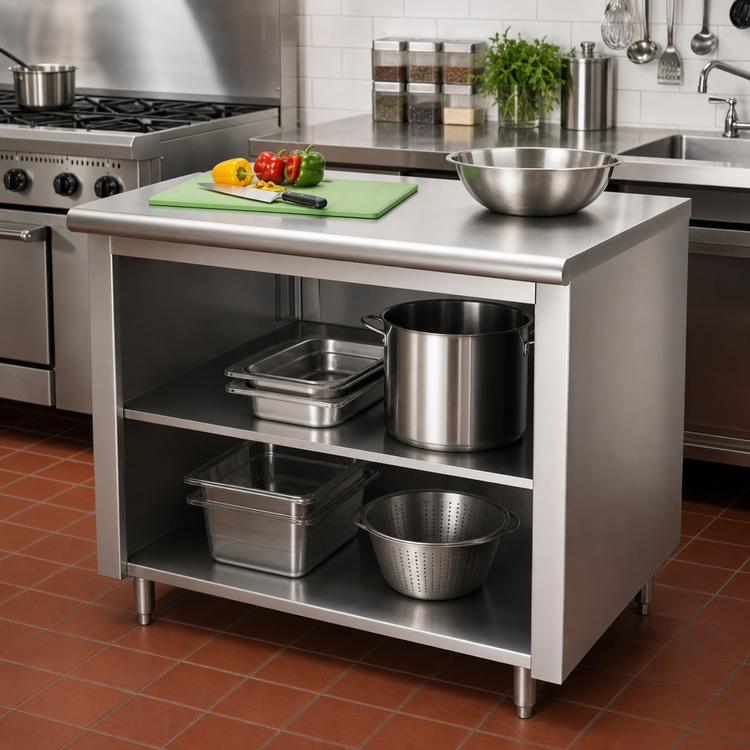Product image #2 for Advance Tabco 48" x 30" Open Front Cabinet Base Work Table with Mid-Shelf, 14-Gauge 304 Stainless Steel Top