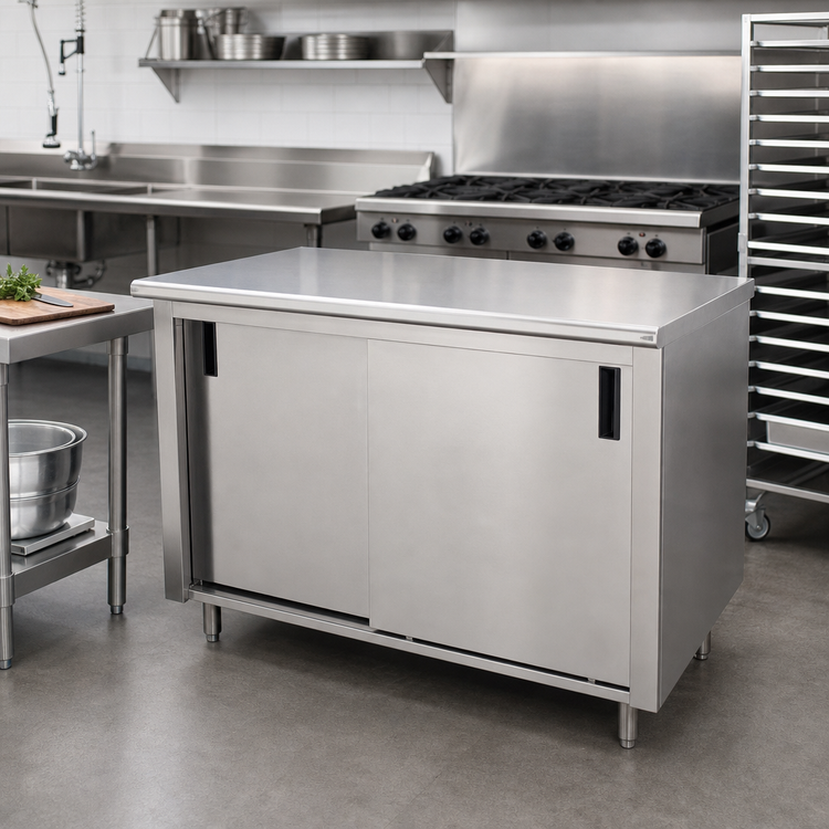 Product image #2 for Advance Tabco Special Value Economy Enclosed Work Table with Sliding Doors, 84 x 24, 16-Gauge 304 Stainless Steel Top