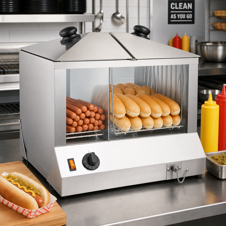 Product image #2 for Omcan USA Countertop Side-by-Side Hot Dog Steamer and Bun Warmer, 100 Hot Dogs / 48 Buns, 120V
