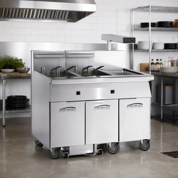 Product image #2 for Imperial 6-Tank Electric Floor Model Fryer with Built-In Filter System and Dump Station, 75 lb. Capacity per Tank