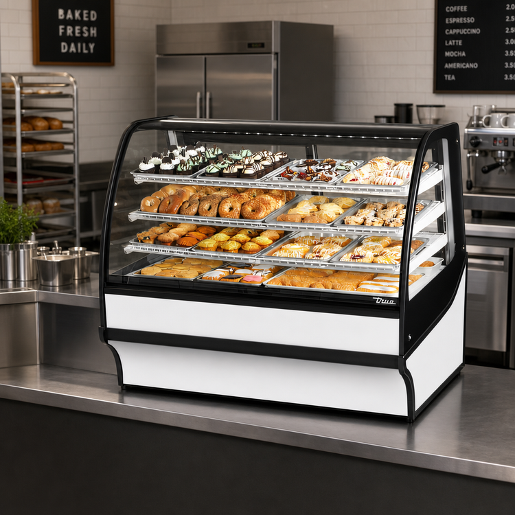 Product image #3 for True 59-1/4-Inch Dry Curved Glass Pastry Display Case with Glass Ends, White Exterior/White Interior