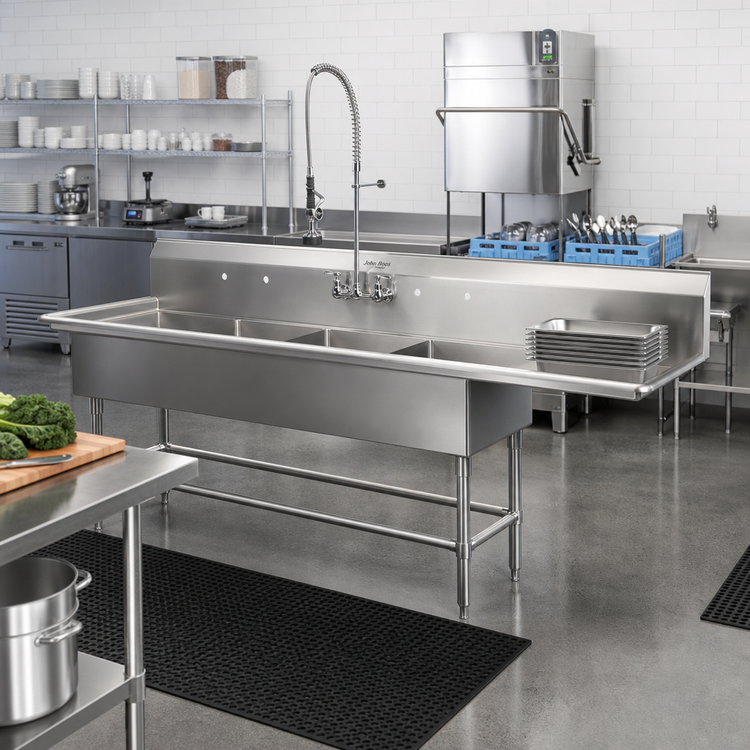 Product image #2 for John Boos Pro-Bowl 4-Compartment Sink with 24-Inch Right Drainboard, 14-Inch Deep Bowls, 14 Gauge Type 300 Stainless Steel
