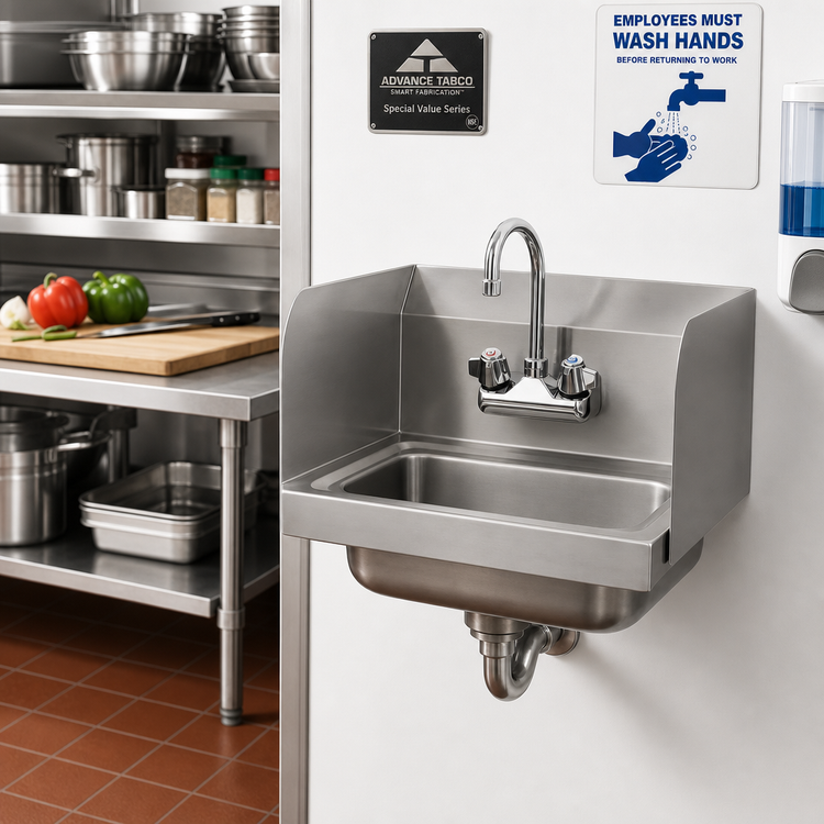 Product image #2 for Advance Tabco Special Value Series Wall-Mounted Hand Wash Sink with Side Splashes, Splash-Mounted Faucet, 14 x 10 x 5 Bowl