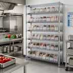 Thumbnail image #2 for Quantum WR9-201CL Stationary Chrome Wire Bin Shelving System, 9 Shelves, 64 Clear Bins, 36W x 12D x 74H