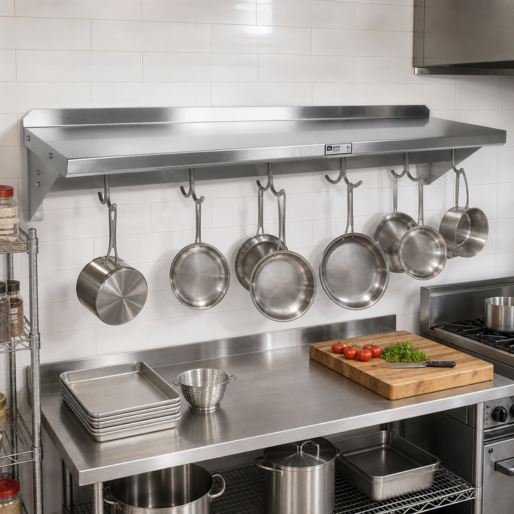 Product image #2 for John Boos Stallion Commercial Wall-Mount Pot Rack Shelf with 11 Hooks, 132 x 18 x 13 Inches, Stainless Steel