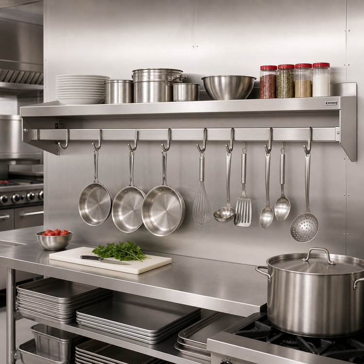 Product image #2 for Eagle Group 132" W x 18" D Wall-Mounted Stainless Steel Wall Shelf with Pot Rack and 11 Hooks