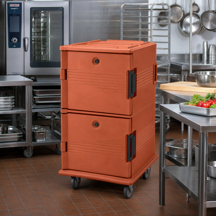Product image #3 for Cambro Ultra Camcart Double-Compartment Front-Loading Insulated Food Pan Carrier with Security Package, 120 Qt. Per Compartment, Brick Red