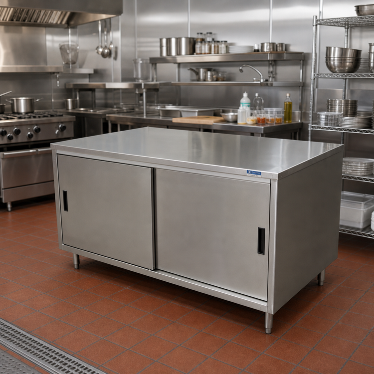 Product image #2 for BK Resources 48-Inch x 30-Inch 304 Stainless Steel Chef Table with Cabinet Base and Sliding Doors