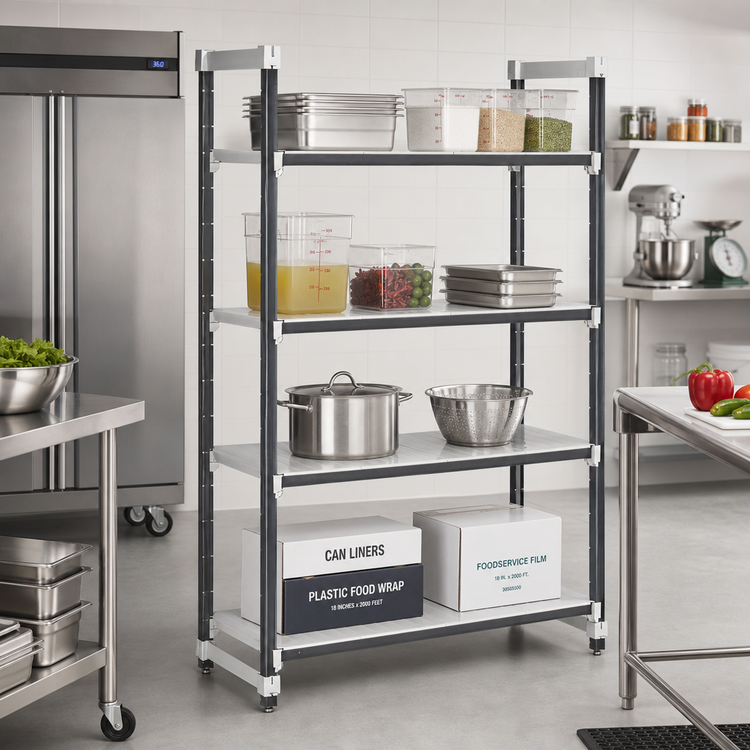 Product image #2 for Cambro Camshelving Elements XTRA 4-Tier Solid Stationary Starter Unit, 21 x 42 x 84 Inches, Speckled Gray