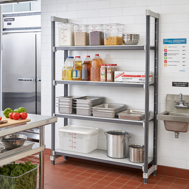 Product image #2 for Cambro Camshelving Elements XTRA Stationary 4-Tier Add-On Polymer Shelving Unit, 24" Deep x 54" Wide x 84" High, Vented & Solid Shelves, Speckled Gray
