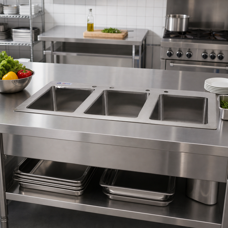 Product image #2 for Omcan USA Three-Compartment Drop-In Stainless Steel Sink with 10 x 14 x 10 Inch Compartments