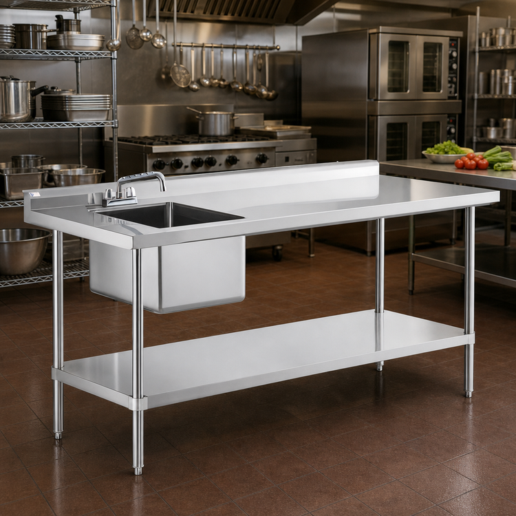 Product image #2 for Steel Works Stainless 48-Inch x 30-Inch Stainless Steel Sink Table with Left 16 x 20 x 12 Bowl, Backsplash, and Undershelf