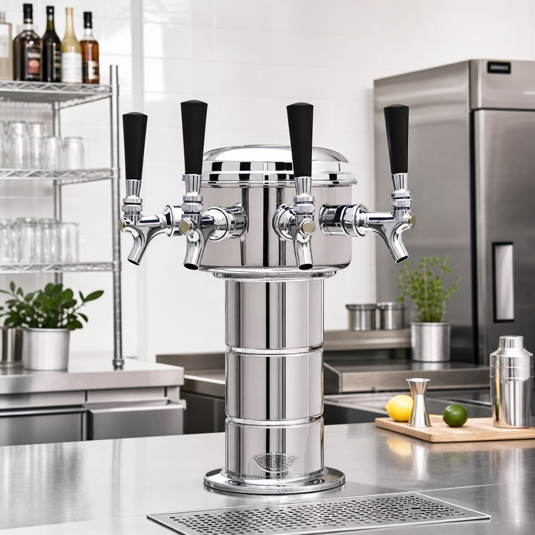 Product image #2 for Glastender Mini-Mushroom 4-Faucet Countertop Glycol-Cooled Draft Dispensing Tower, Stainless Steel Mirror Finish