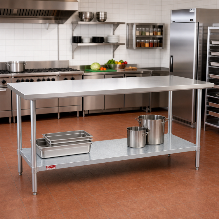 Product image #2 for Duke 120-Inch x 30-Inch x 36-Inch 14-Gauge 300 Series Stainless Steel Work Table with Galvanized Undershelf