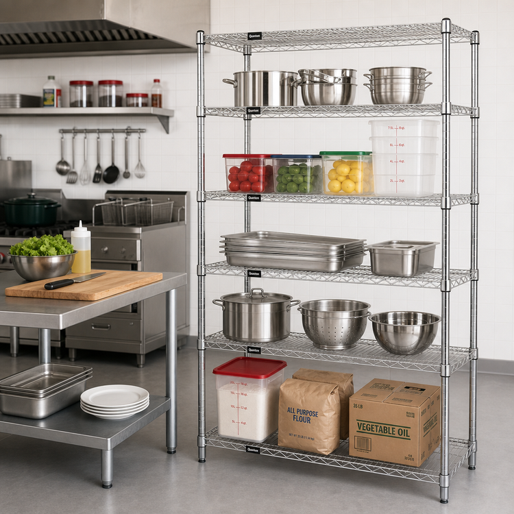 Product image #2 for Quantum 54"W x 21"D x 74"H Stationary Wire Shelving Starter Kit, 5 Shelves, 304 Stainless Steel, 600-800 lb. Capacity