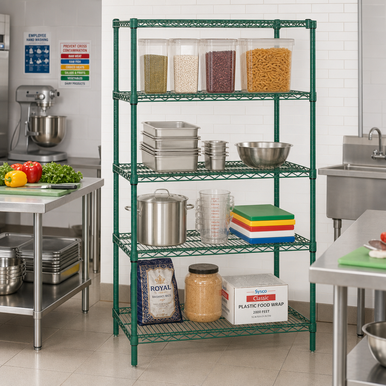 Product image #2 for Quantum 42"W x 18"D x 54"H 4-Shelf Wire Shelving Starter Kit, 600-800 lb. Capacity, Green Epoxy Antimicrobial Finish