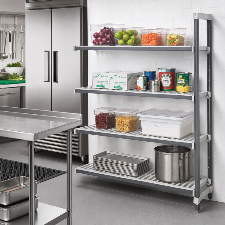 Product image #2 for Cambro Camshelving Elements XTRA Stationary Add-On Shelving Unit, 18" D x 54" W x 64" H, 4 Vented Shelves, Speckled Gray