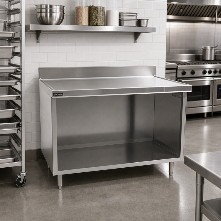 Product image #2 for Spec-Master Marine Series 48" x 30" Stainless Steel Cabinet Base Work Table with Open Front and 4-1/2" Backsplash