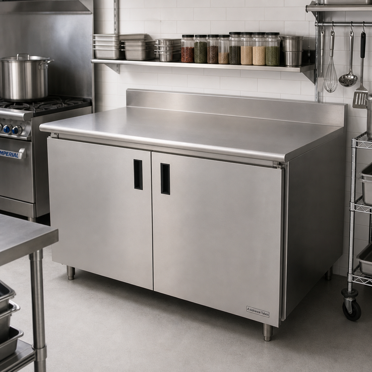Product image #2 for Advance Tabco 108" x 24" Enclosed Work Table with Cabinet Base, Hinged Doors, 14 Gauge 304 Stainless Steel Top, and 5" Backsplash